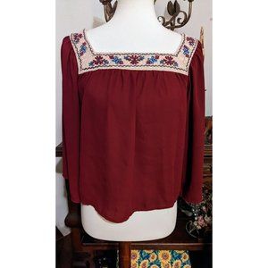 Flying Tomato Womens Small Boho Embroidered 3/4 Sleeve Crop Top Flowy Shirt